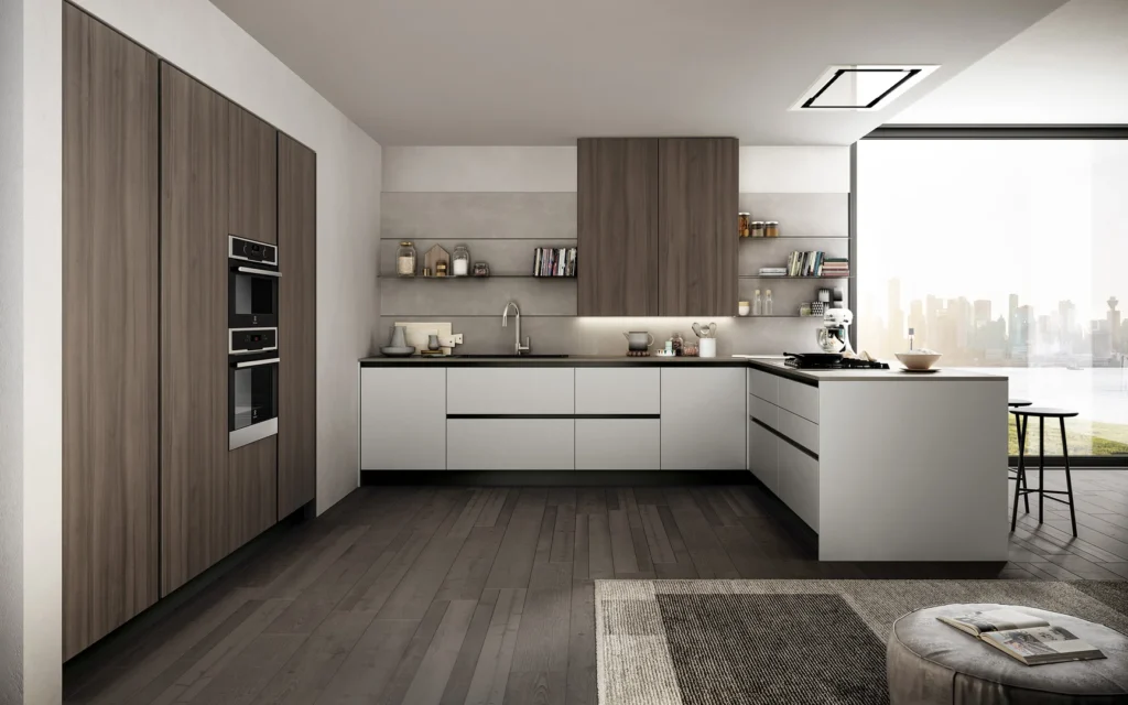 grande cucina bianca moderna con arredi grigi e legno
