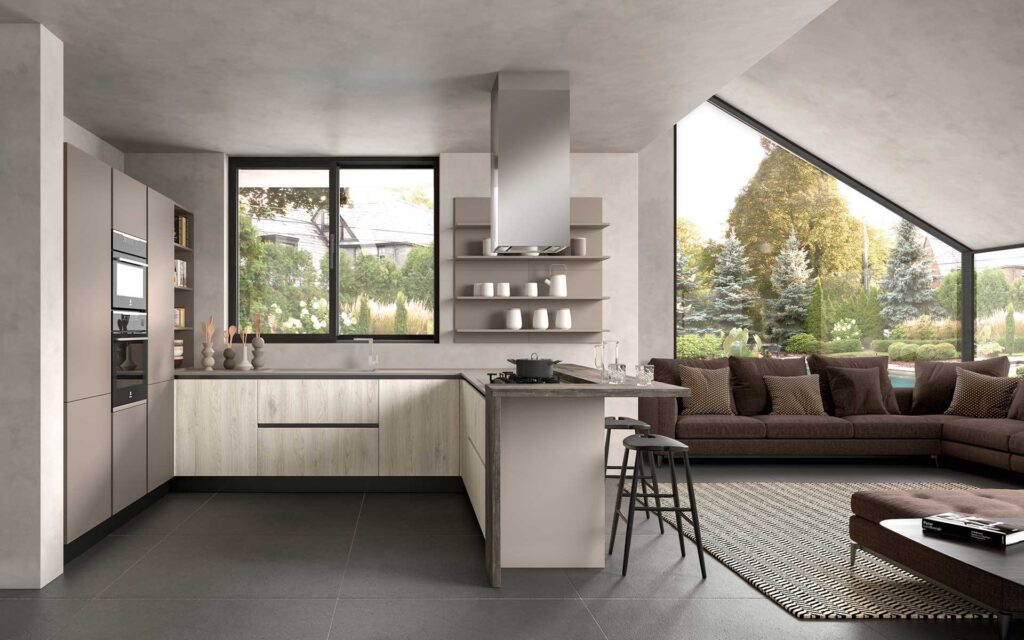 grande cucina senza pensili bianca in open space