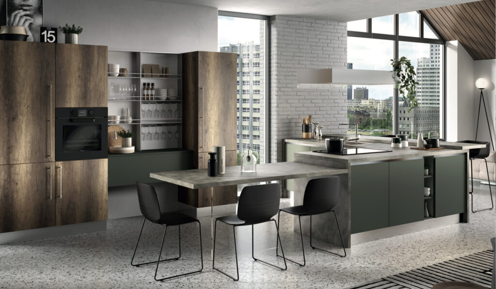grande cucina senza pensili moderna dallo stile industriale 