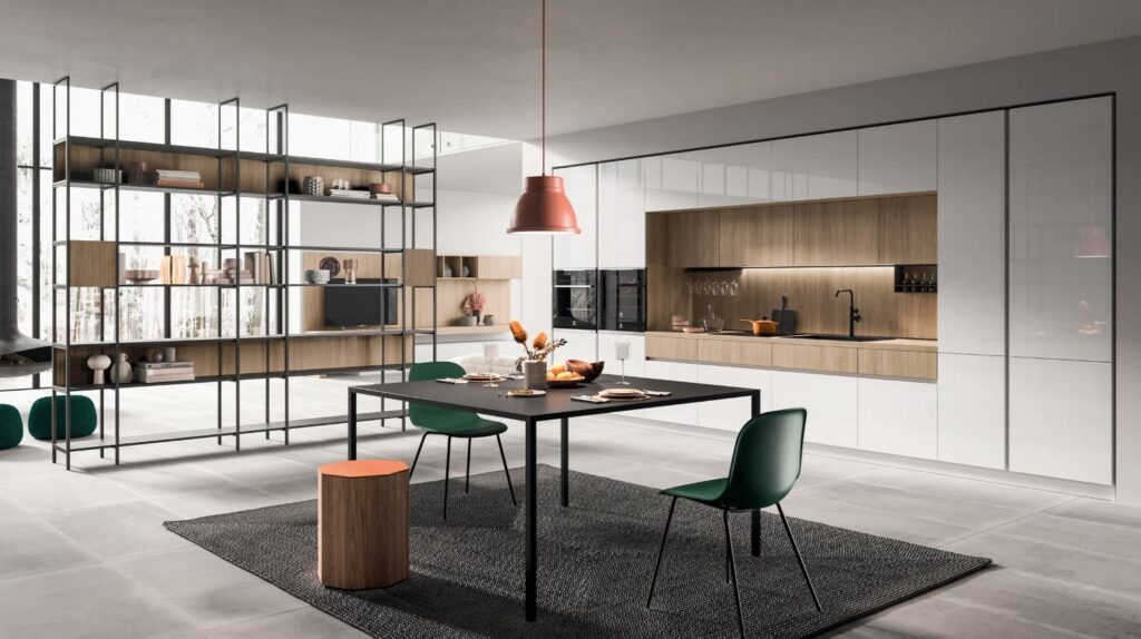 cucina grande e moderna in open space con salotto 