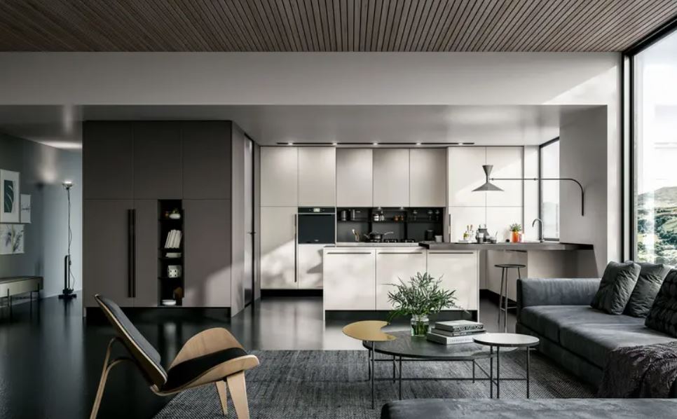cucina bianca moderna con salotto moderno