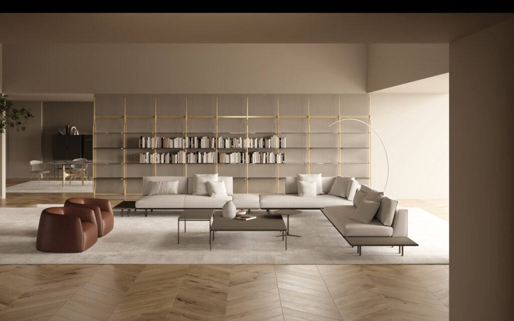 grande soggiorno moderno con ampio divano di design 