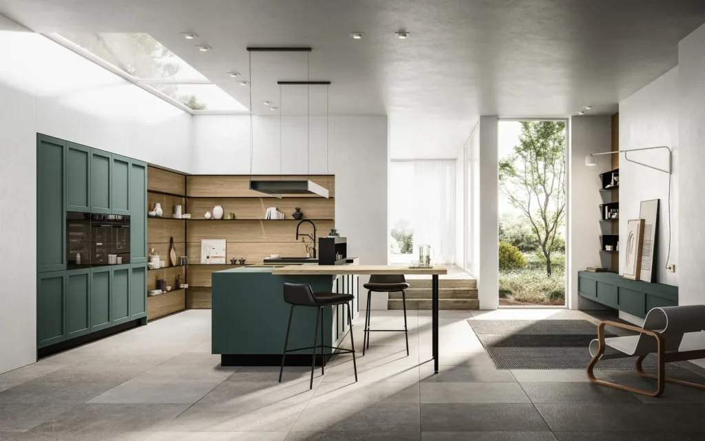 grande cucina moderna verde con isola a U