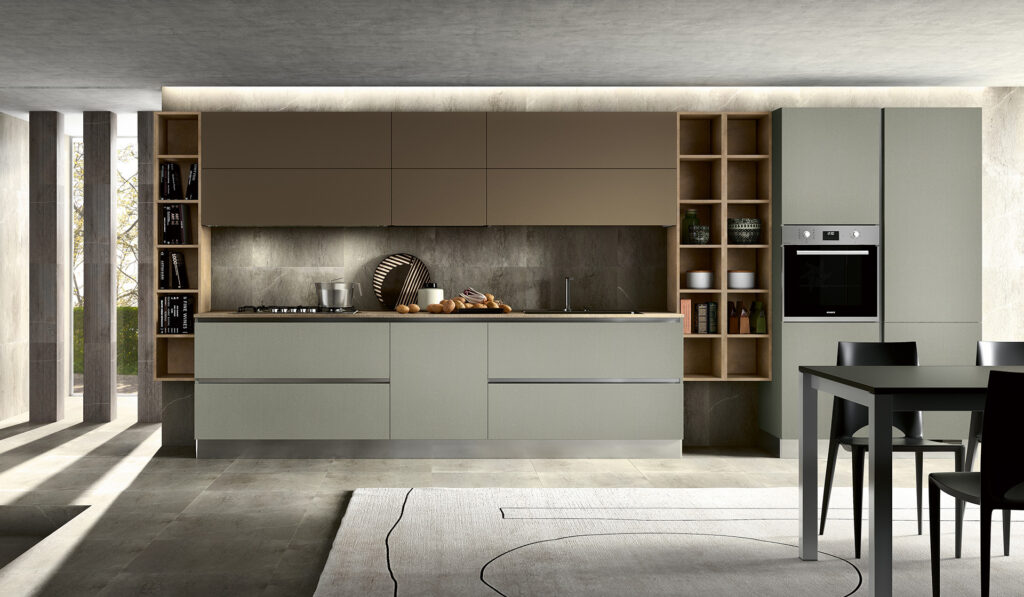 cucina lineare grigia marrone con dettagli in legno