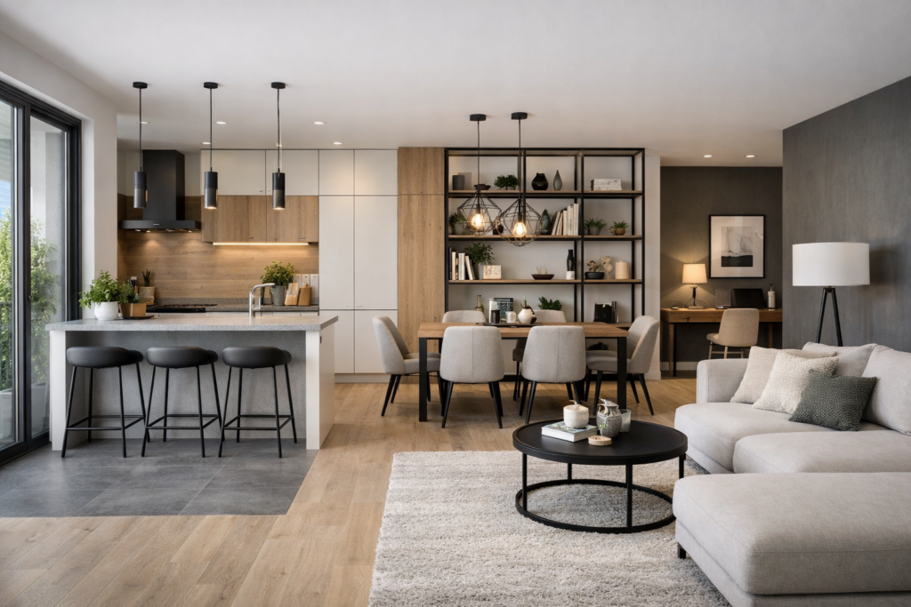 open space moderno con cucina e salotto