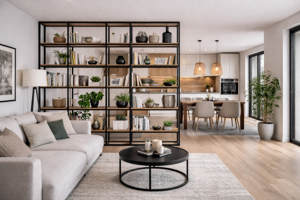 open space moderno con salotto e cucina separato da una libreria
